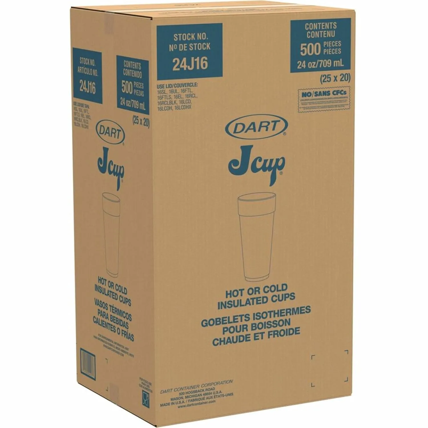 DART 24J16 Drink Foam Cups, Hot/Cold, 24oz, White, 25 Per Bag (Case of 20 Bags) (DCC24J16)