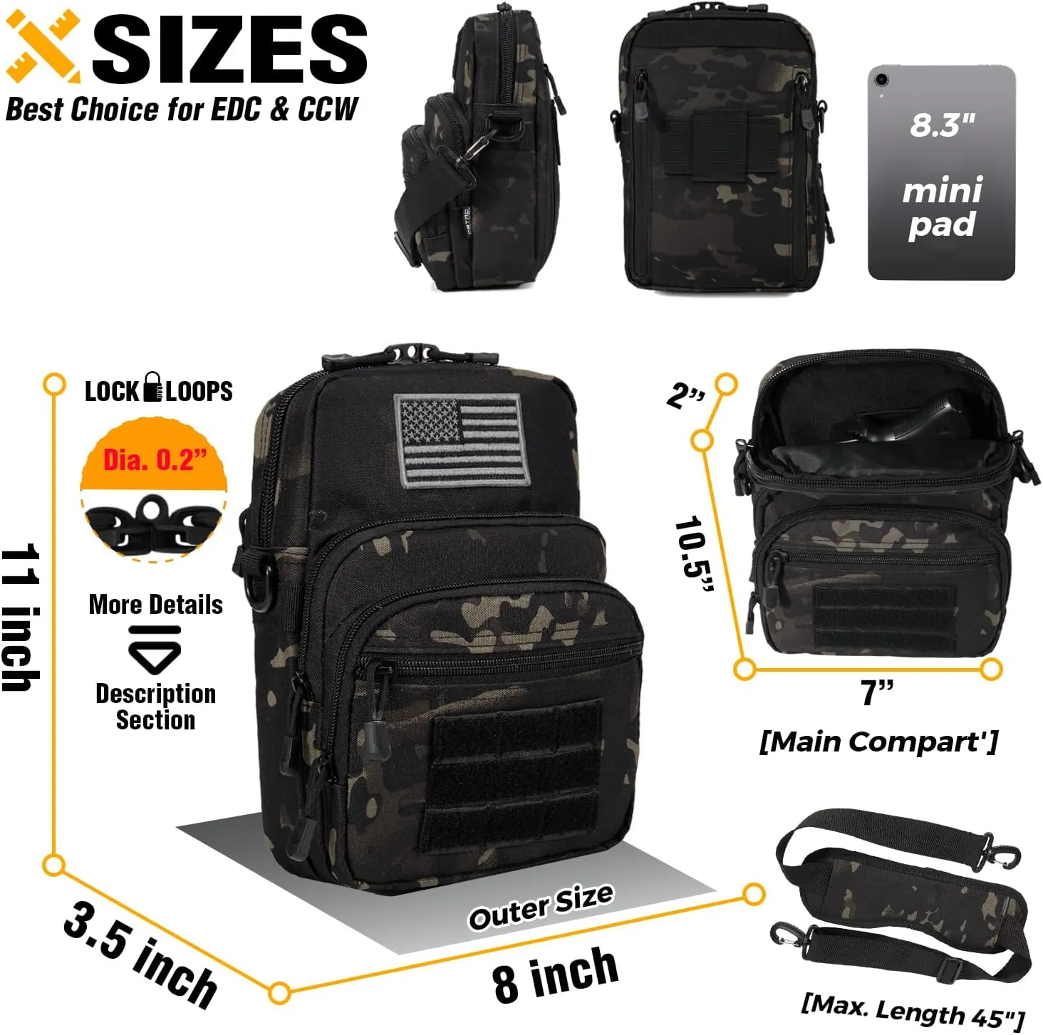 DBTAC Compact Gun Pouch w/Shoulder Strap | 3L CCW Crossbody Travel Bag Tactical Shoulder Bag w/Gun Holder, Black Camo