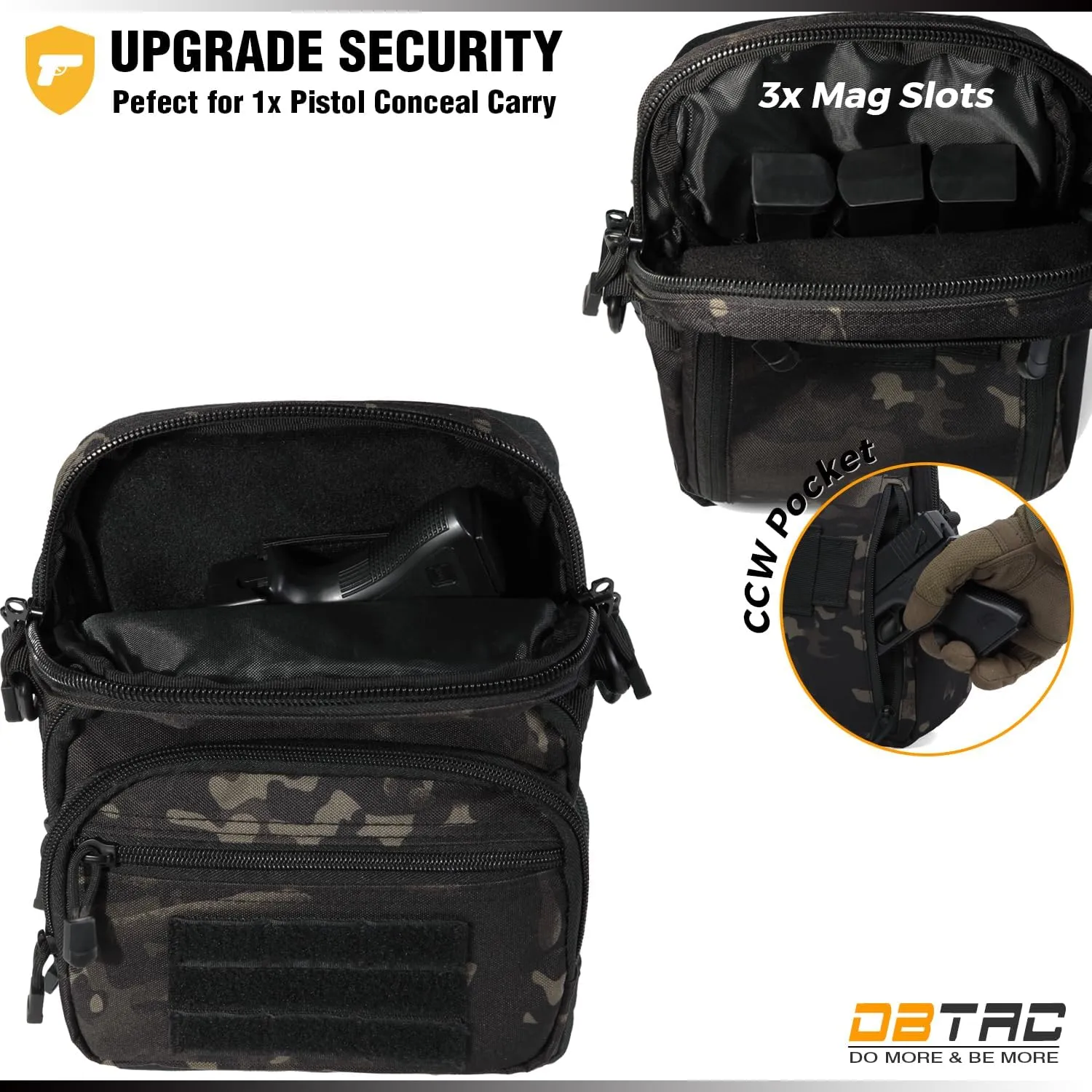 DBTAC Compact Gun Pouch w/Shoulder Strap | 3L CCW Crossbody Travel Bag Tactical Shoulder Bag w/Gun Holder, Black Camo