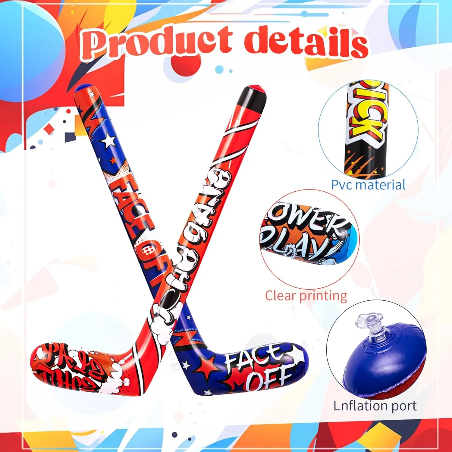 Deekin Set of 12 32 Inch Inflatable Hockey Sticks Party Favors Birthday Decorations, 4 Trendy Style, Funny Blow Up Hockey Stick Sports Birthday Party Supplies