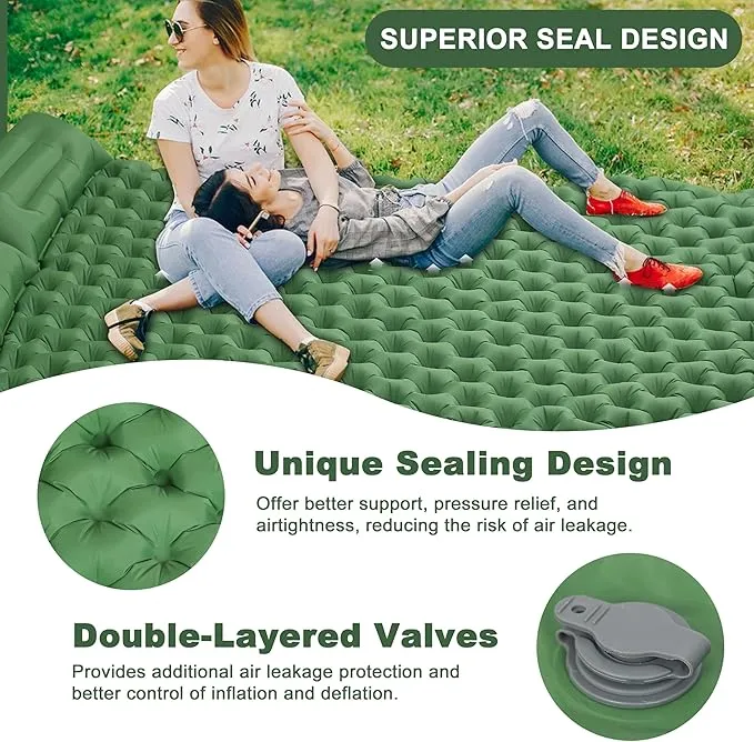 Deluxe 2-Person Sleeping Pad for Camping, Double Ultra-Light Inflatable Camping Mattress with Pillow, Built-in Foot Pump for Backpacking, Hiking & Travel - Includes Carry Bag & Repair Kit