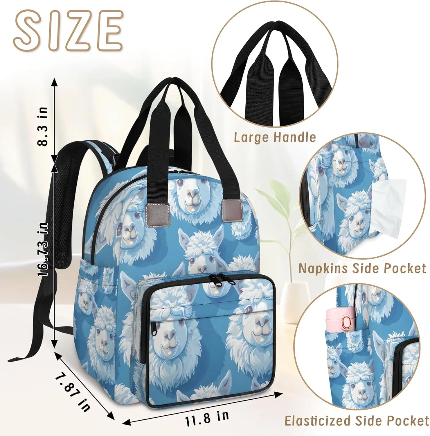 Diaper Bag Backpack Large Capacity, Alpaca Head Blue Nappy Hand Shoulder Bag Mummy Travel Nursing Bags Baby Shower Gifts, with Insulated Pockets and USB Charging Port