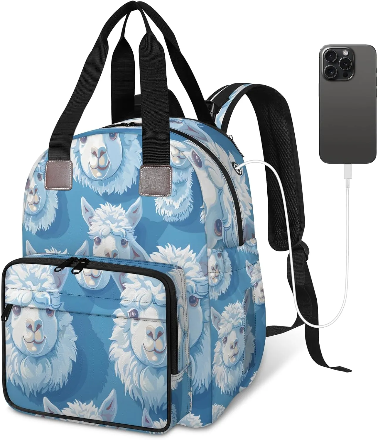 Diaper Bag Backpack Large Capacity, Alpaca Head Blue Nappy Hand Shoulder Bag Mummy Travel Nursing Bags Baby Shower Gifts, with Insulated Pockets and USB Charging Port