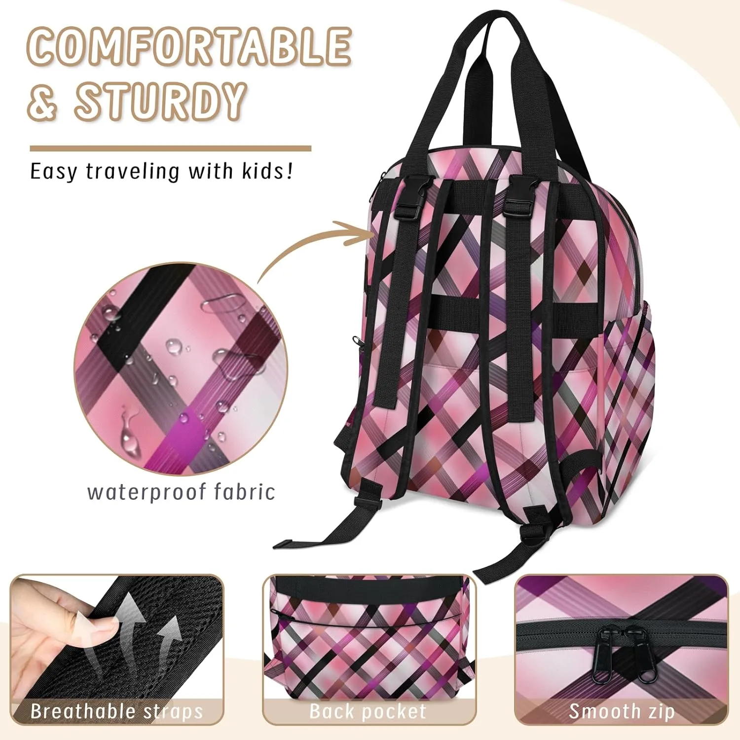 Diaper Bag Backpack Large Capacity, Gradient Pink Purple Geometric Grid Nappy Hand Shoulder Bag Mummy Travel Nursing Bags Baby Shower Gifts, with Insulated Pockets and USB Charging Port