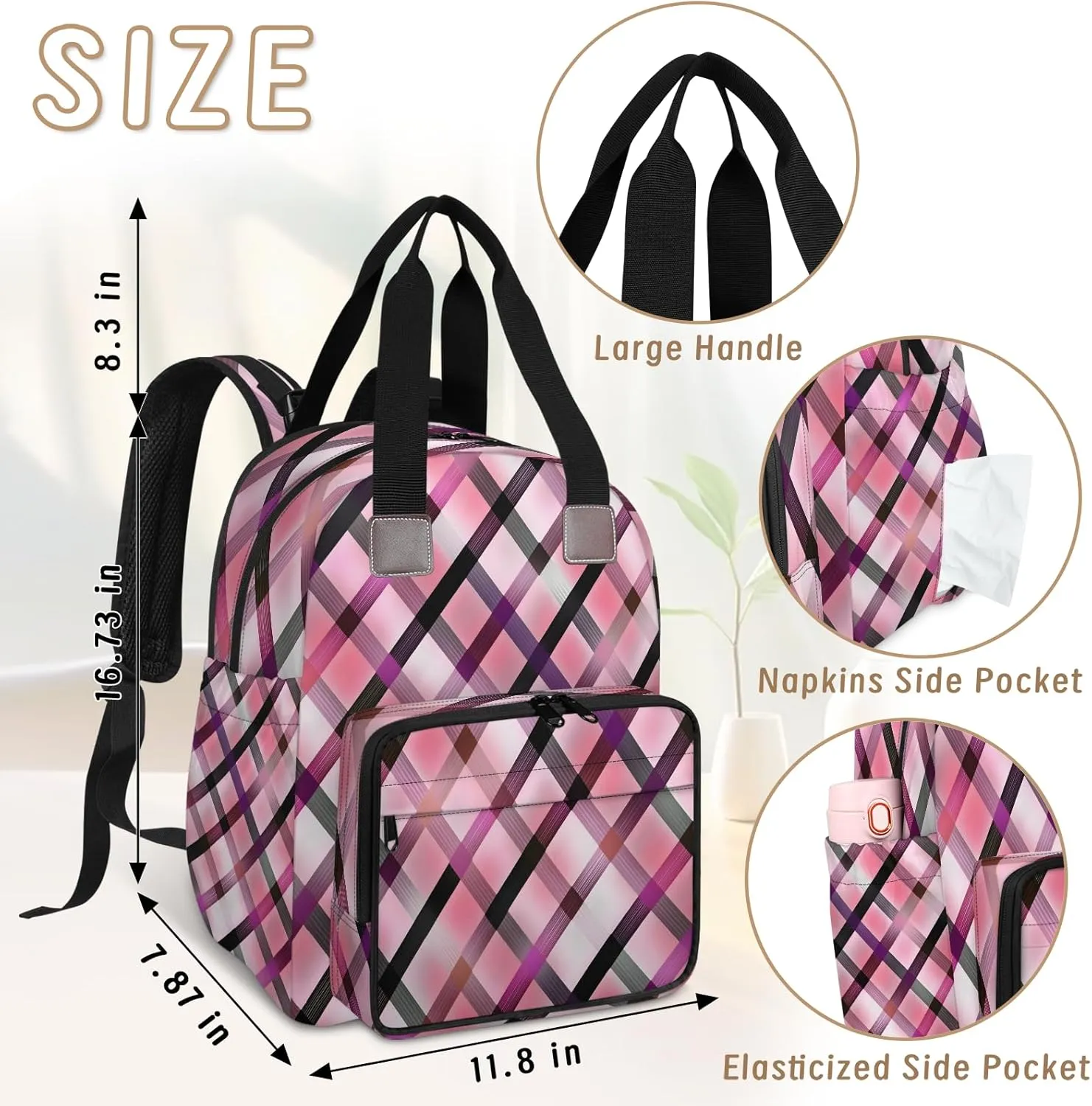 Diaper Bag Backpack Large Capacity, Gradient Pink Purple Geometric Grid Nappy Hand Shoulder Bag Mummy Travel Nursing Bags Baby Shower Gifts, with Insulated Pockets and USB Charging Port