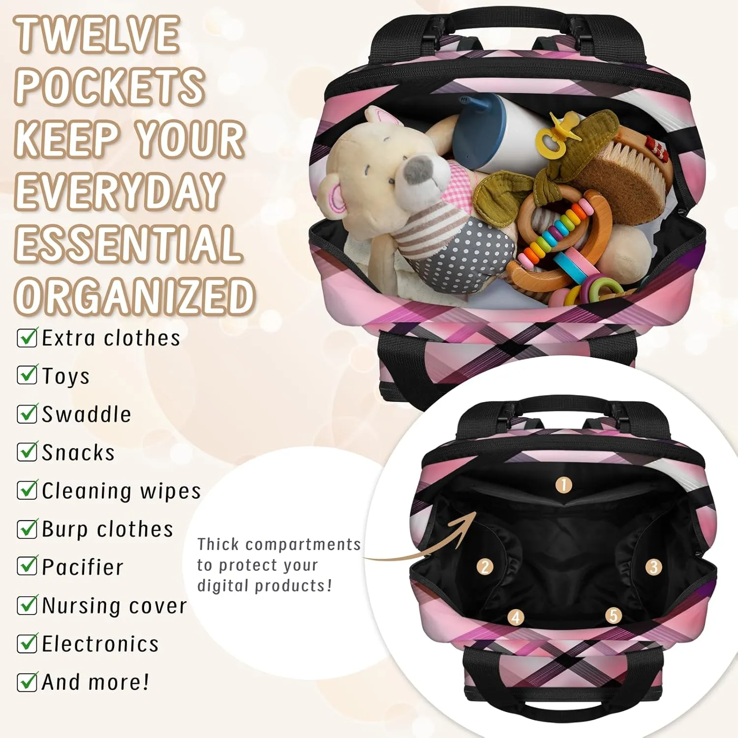 Diaper Bag Backpack Large Capacity, Gradient Pink Purple Geometric Grid Nappy Hand Shoulder Bag Mummy Travel Nursing Bags Baby Shower Gifts, with Insulated Pockets and USB Charging Port