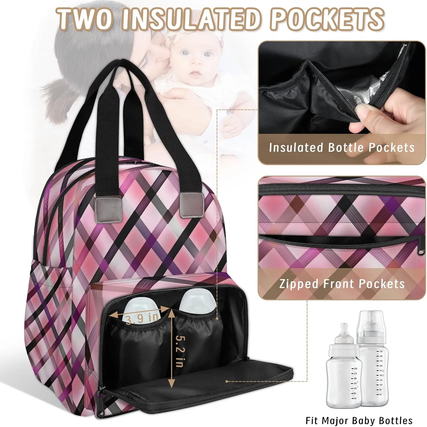Diaper Bag Backpack Large Capacity, Gradient Pink Purple Geometric Grid Nappy Hand Shoulder Bag Mummy Travel Nursing Bags Baby Shower Gifts, with Insulated Pockets and USB Charging Port