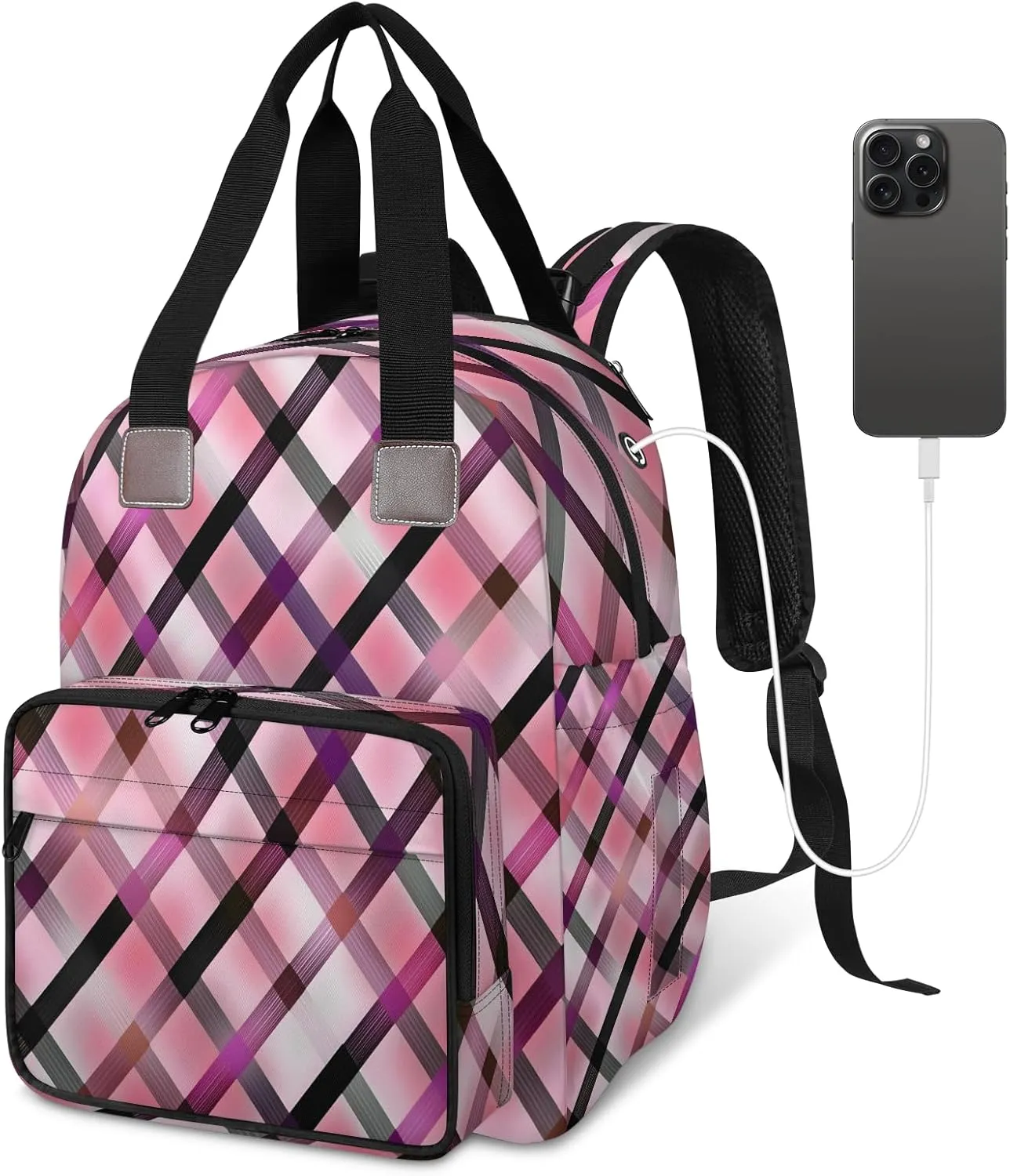 Diaper Bag Backpack Large Capacity, Gradient Pink Purple Geometric Grid Nappy Hand Shoulder Bag Mummy Travel Nursing Bags Baby Shower Gifts, with Insulated Pockets and USB Charging Port