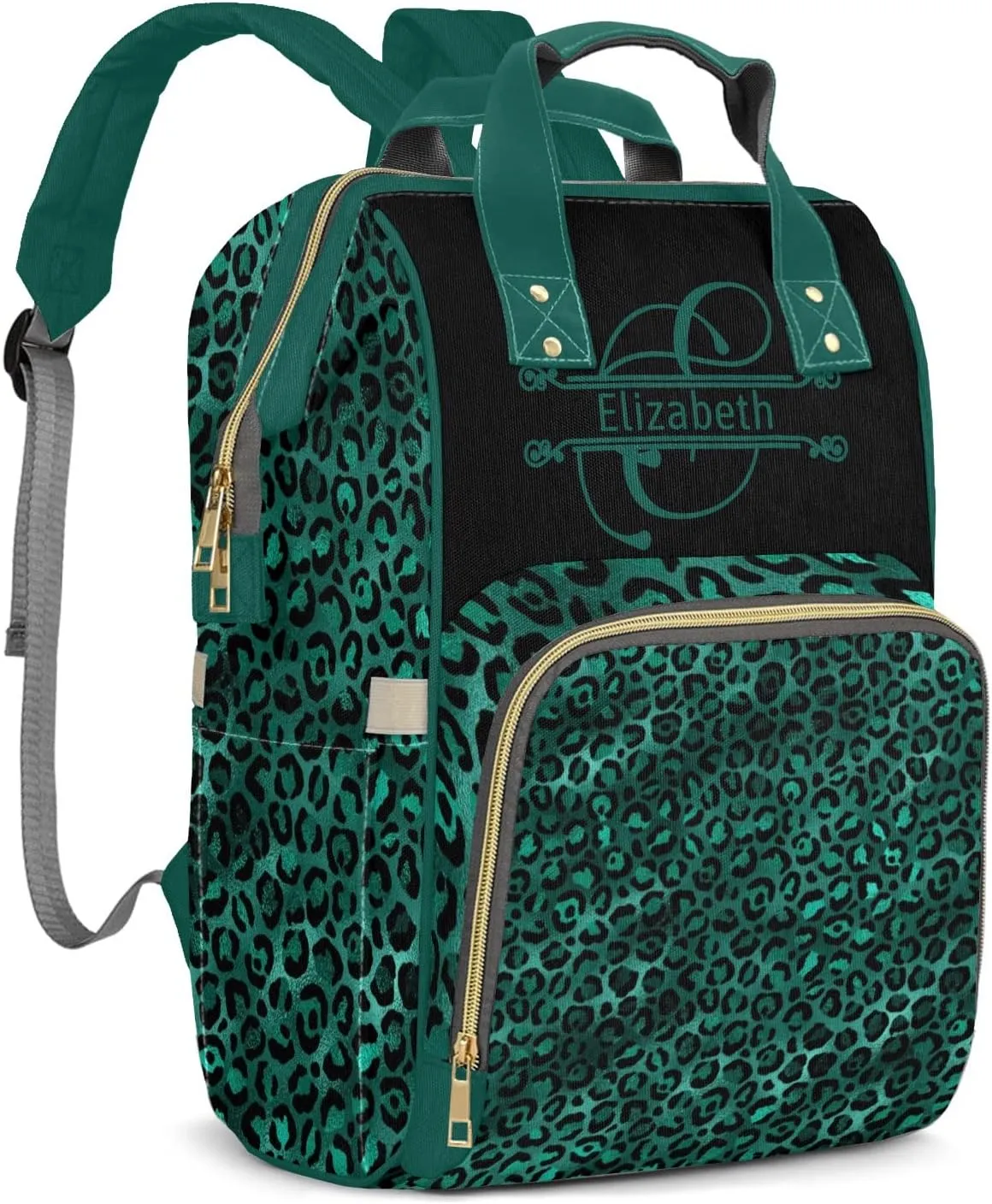 Diaper Bag Leopard Print Tote Bags Backpacks Personalized with text Mommy Present for Women Men Art Green