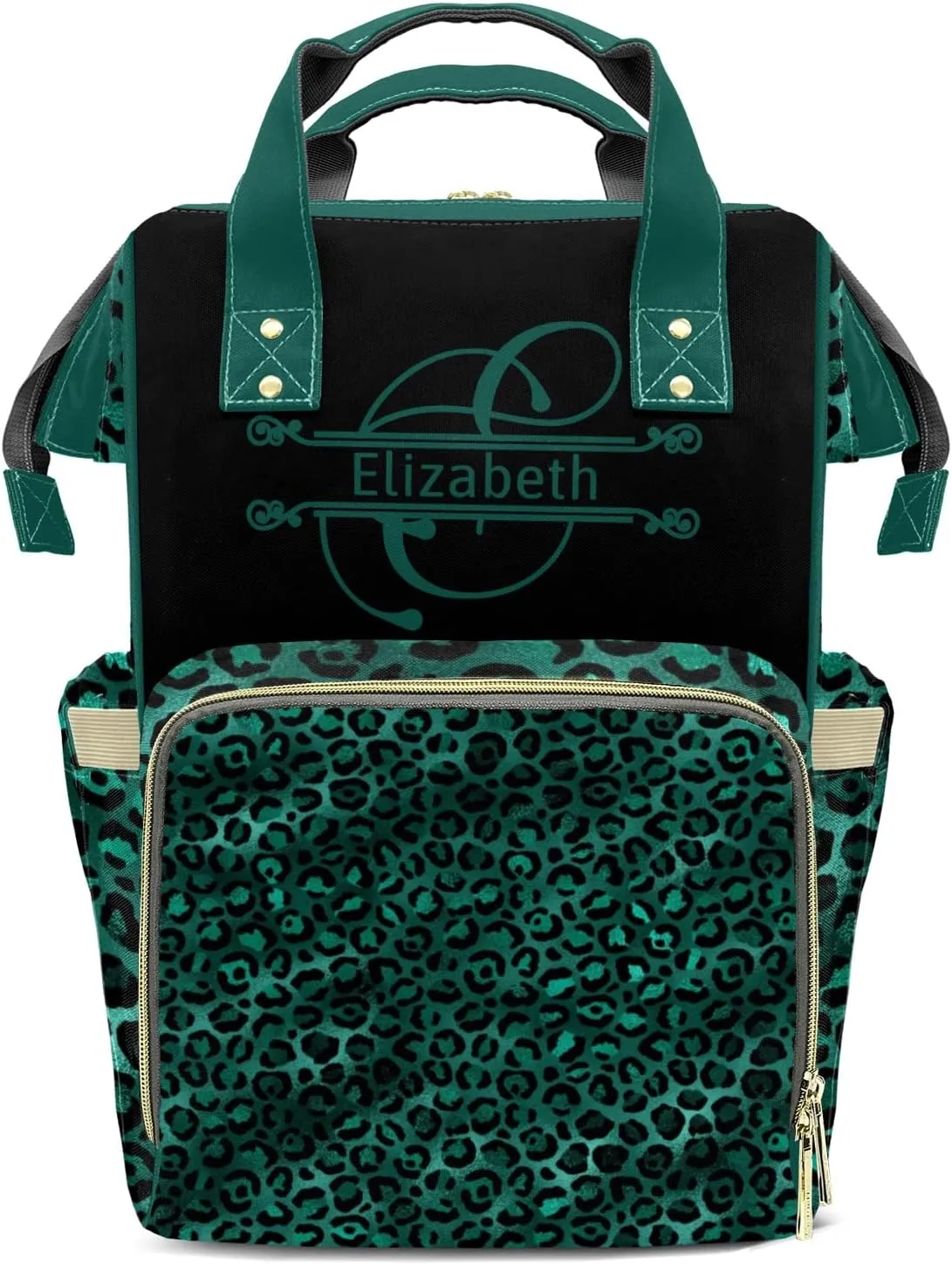 Diaper Bag Leopard Print Tote Bags Backpacks Personalized with text Mommy Present for Women Men Art Green