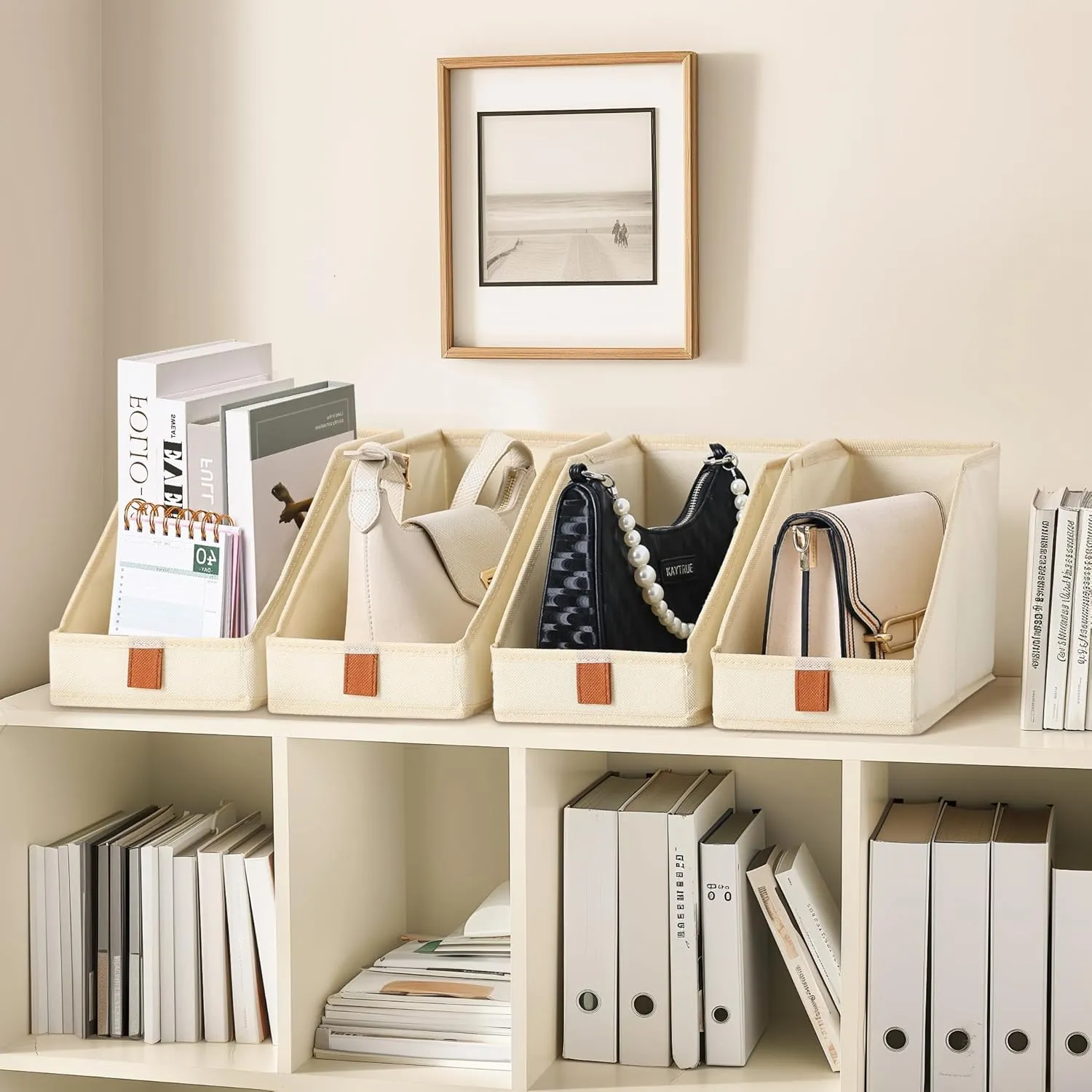 DIMJ Closet Organizers for Purses and Bag Storage, Small Storage Bins Foldable, Fabric Cube Baskets for Shelves, Wardrobe, Bedroom, Office - 4 Pack(Beige, 5.9 x 11.8 x 6.7 in)