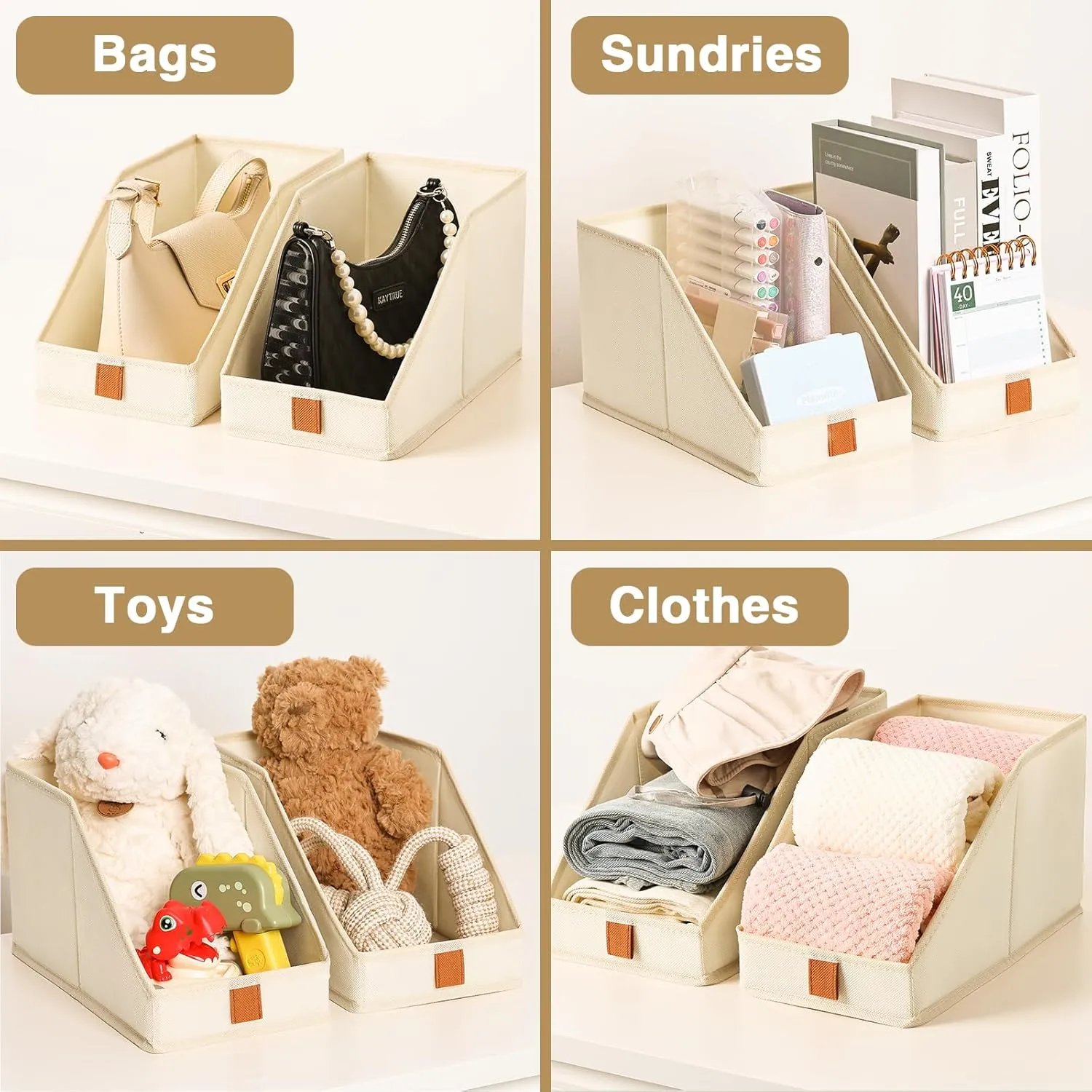 DIMJ Closet Organizers for Purses and Bag Storage, Small Storage Bins Foldable, Fabric Cube Baskets for Shelves, Wardrobe, Bedroom, Office - 4 Pack(Beige, 5.9 x 11.8 x 6.7 in)