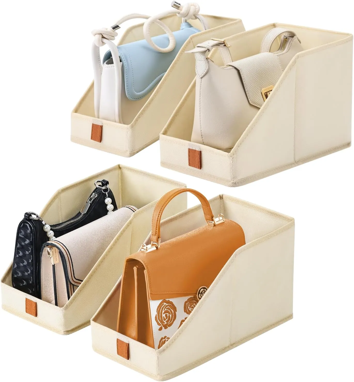 DIMJ Closet Organizers for Purses and Bag Storage, Small Storage Bins Foldable, Fabric Cube Baskets for Shelves, Wardrobe, Bedroom, Office - 4 Pack(Beige, 5.9 x 11.8 x 6.7 in)