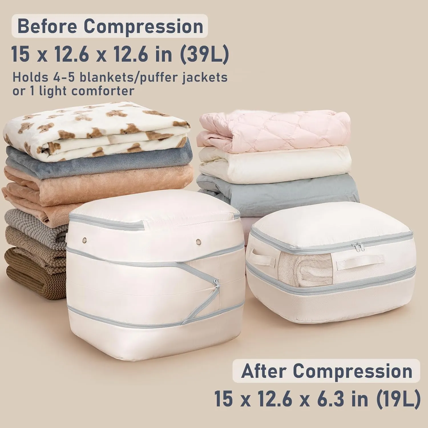 DIMJ Compression Storage Bags 8 Pack - Blanket Storage Bags with Window Zipper, Ultra Space Saving Self Compression Organizer for Puffer Jacket, Bedding, Lightweight Comforter Duvet, Sweater, Sheet