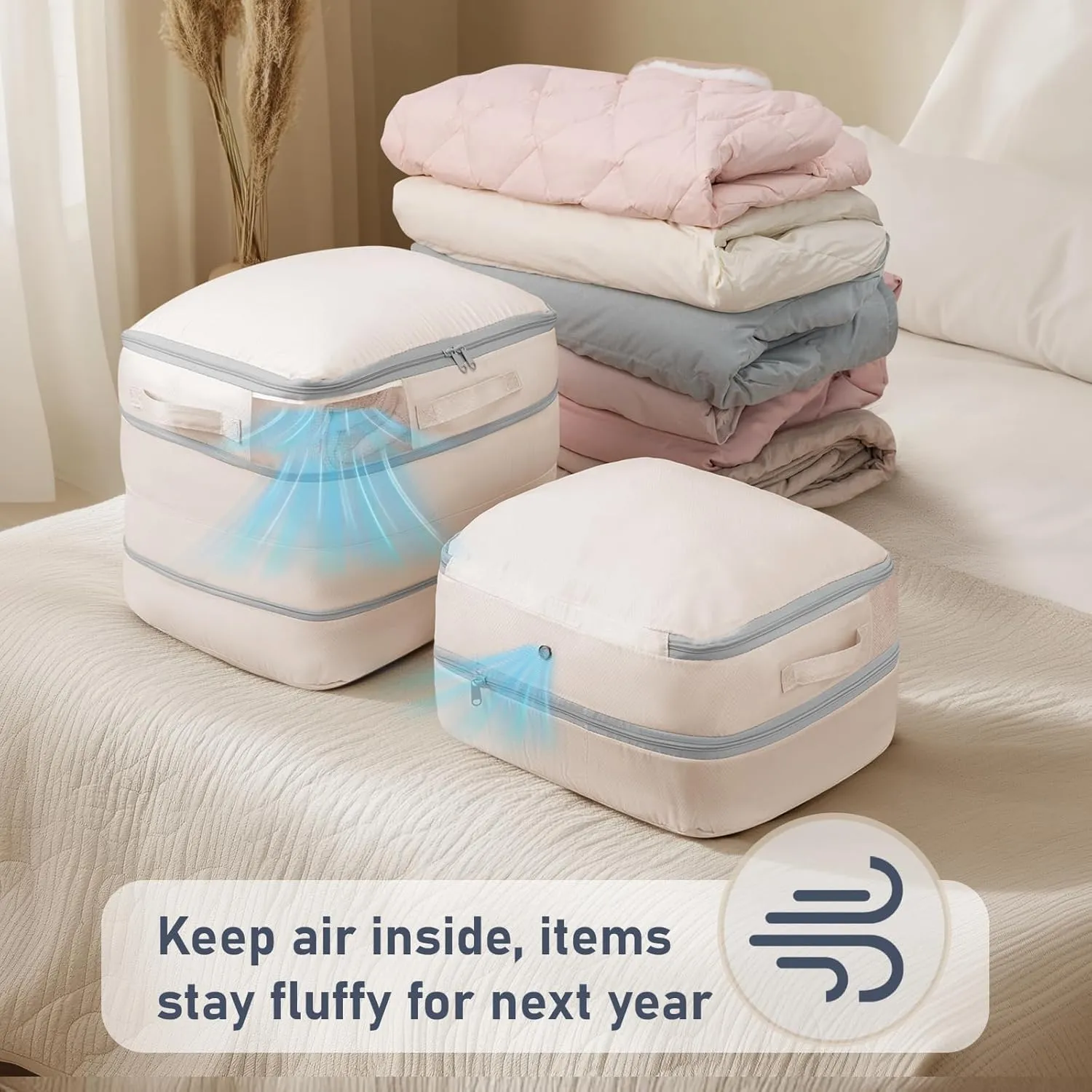 DIMJ Compression Storage Bags 8 Pack - Blanket Storage Bags with Window Zipper, Ultra Space Saving Self Compression Organizer for Puffer Jacket, Bedding, Lightweight Comforter Duvet, Sweater, Sheet