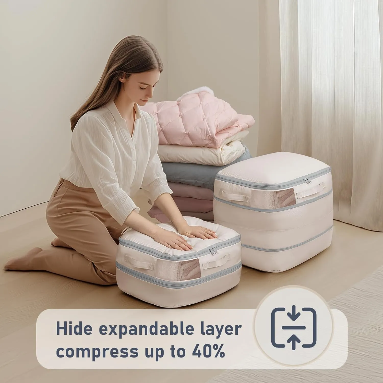 DIMJ Compression Storage Bags 8 Pack - Blanket Storage Bags with Window Zipper, Ultra Space Saving Self Compression Organizer for Puffer Jacket, Bedding, Lightweight Comforter Duvet, Sweater, Sheet