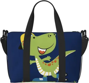 Dino Playing Roller Skate Travel Bag Weekender Bags for Women Men Carry on Overnight Bag Tote Bag Yoga Gym Bag With Adjustable Straps for Gym, Work, Personal Items