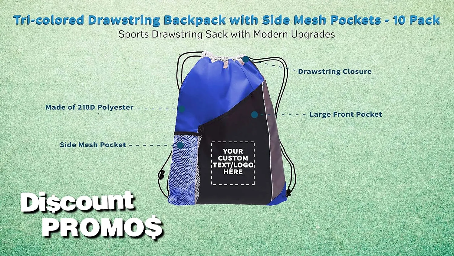 DISCOUNT PROMOS 10 Side Mesh Pockets Drawstring Backpacks Set - Customizable Text, Logo - Tri Color, Front Pocket, Side Mesh - Blue