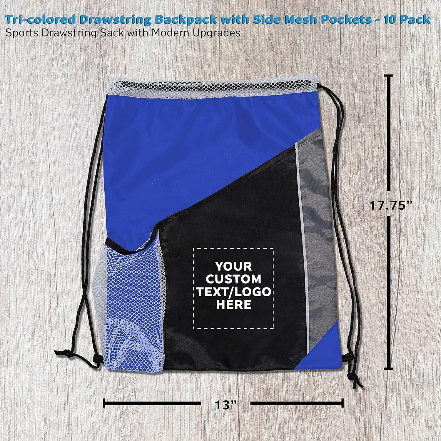 DISCOUNT PROMOS 10 Side Mesh Pockets Drawstring Backpacks Set - Customizable Text, Logo - Tri Color, Front Pocket, Side Mesh - Blue