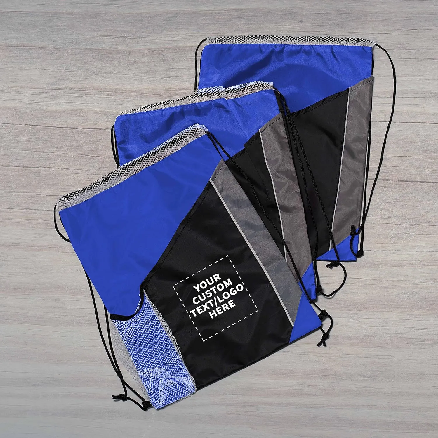 DISCOUNT PROMOS 10 Side Mesh Pockets Drawstring Backpacks Set - Customizable Text, Logo - Tri Color, Front Pocket, Side Mesh - Blue