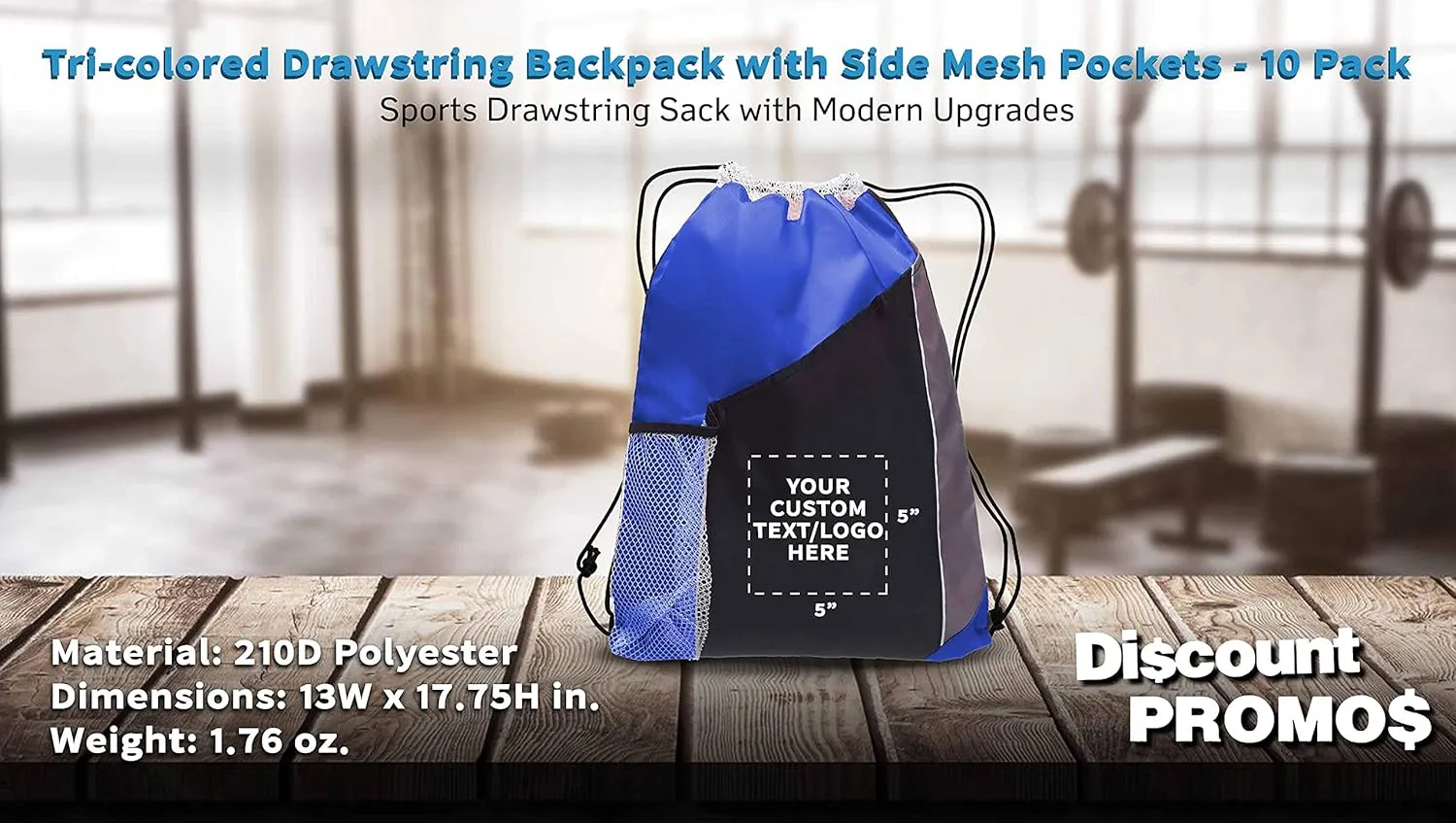 DISCOUNT PROMOS 10 Side Mesh Pockets Drawstring Backpacks Set - Customizable Text, Logo - Tri Color, Front Pocket, Side Mesh - Blue