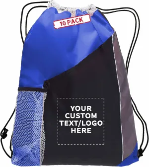 DISCOUNT PROMOS 10 Side Mesh Pockets Drawstring Backpacks Set - Customizable Text, Logo - Tri Color, Front Pocket, Side Mesh - Blue
