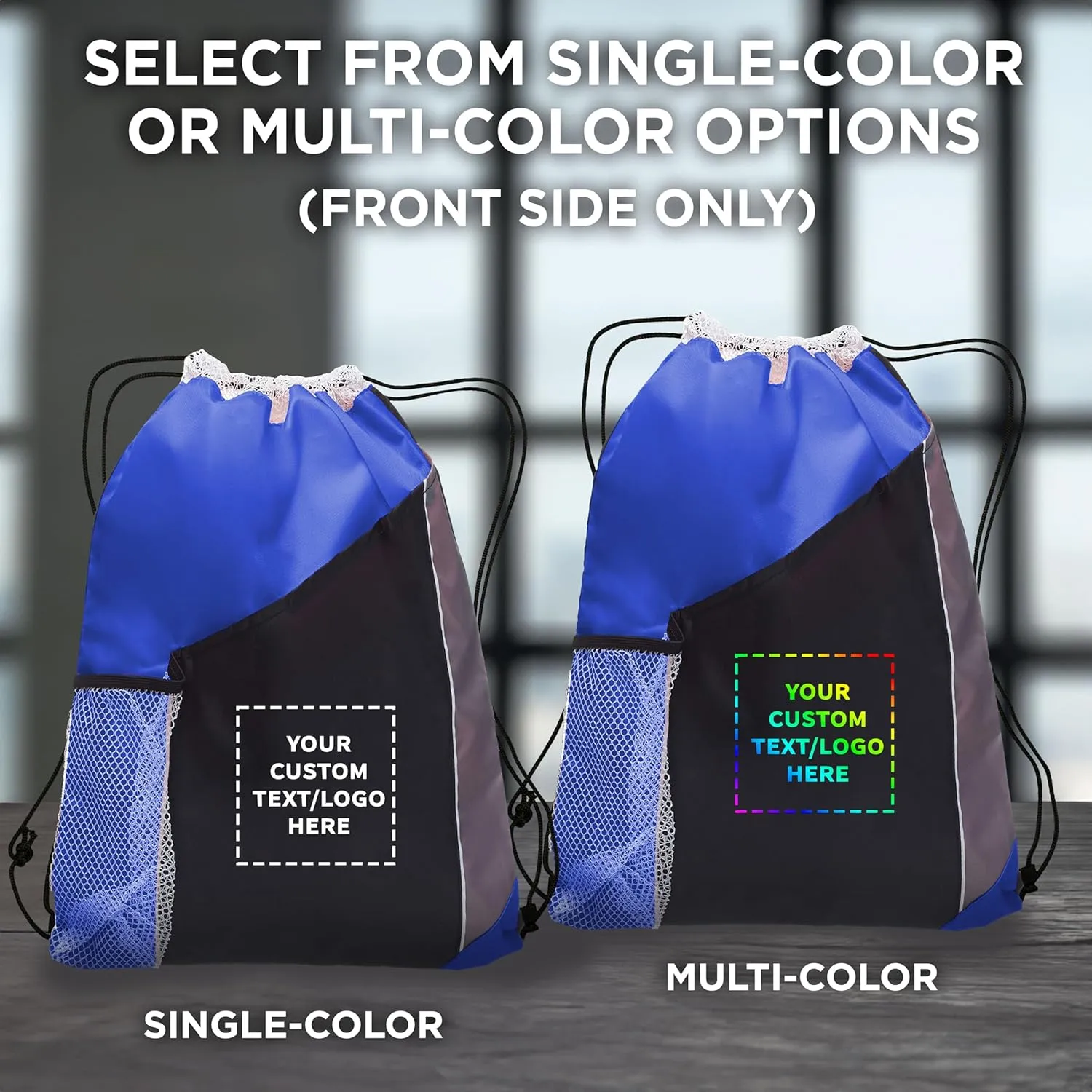 DISCOUNT PROMOS 10 Side Mesh Pockets Drawstring Backpacks Set - Customizable Text, Logo - Tri Color, Front Pocket, Side Mesh - Blue
