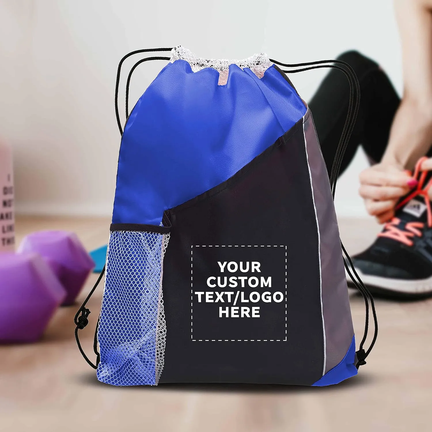 DISCOUNT PROMOS 10 Side Mesh Pockets Drawstring Backpacks Set - Customizable Text, Logo - Tri Color, Front Pocket, Side Mesh - Blue