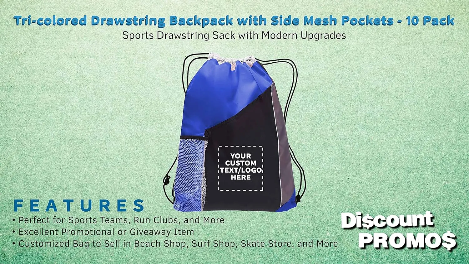 DISCOUNT PROMOS 10 Side Mesh Pockets Drawstring Backpacks Set - Customizable Text, Logo - Tri Color, Front Pocket, Side Mesh - Blue