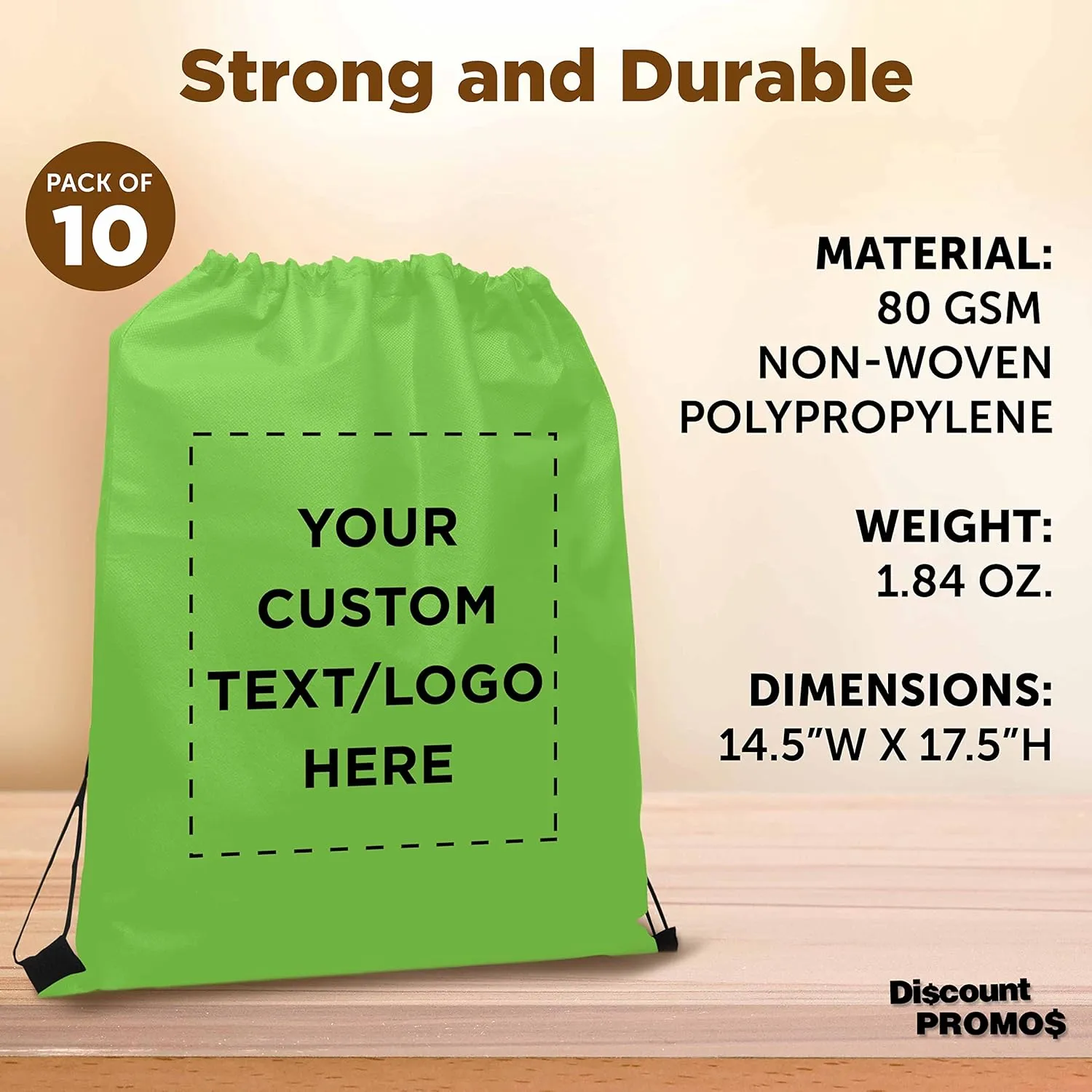 DISCOUNT PROMOS Custom Non-Woven Drawstring Backpacks Set of 10, Personalized Bulk Pack - Bring Everywhere You Go, Great for Travelling, Gym and for Everyday Use - Lime Green