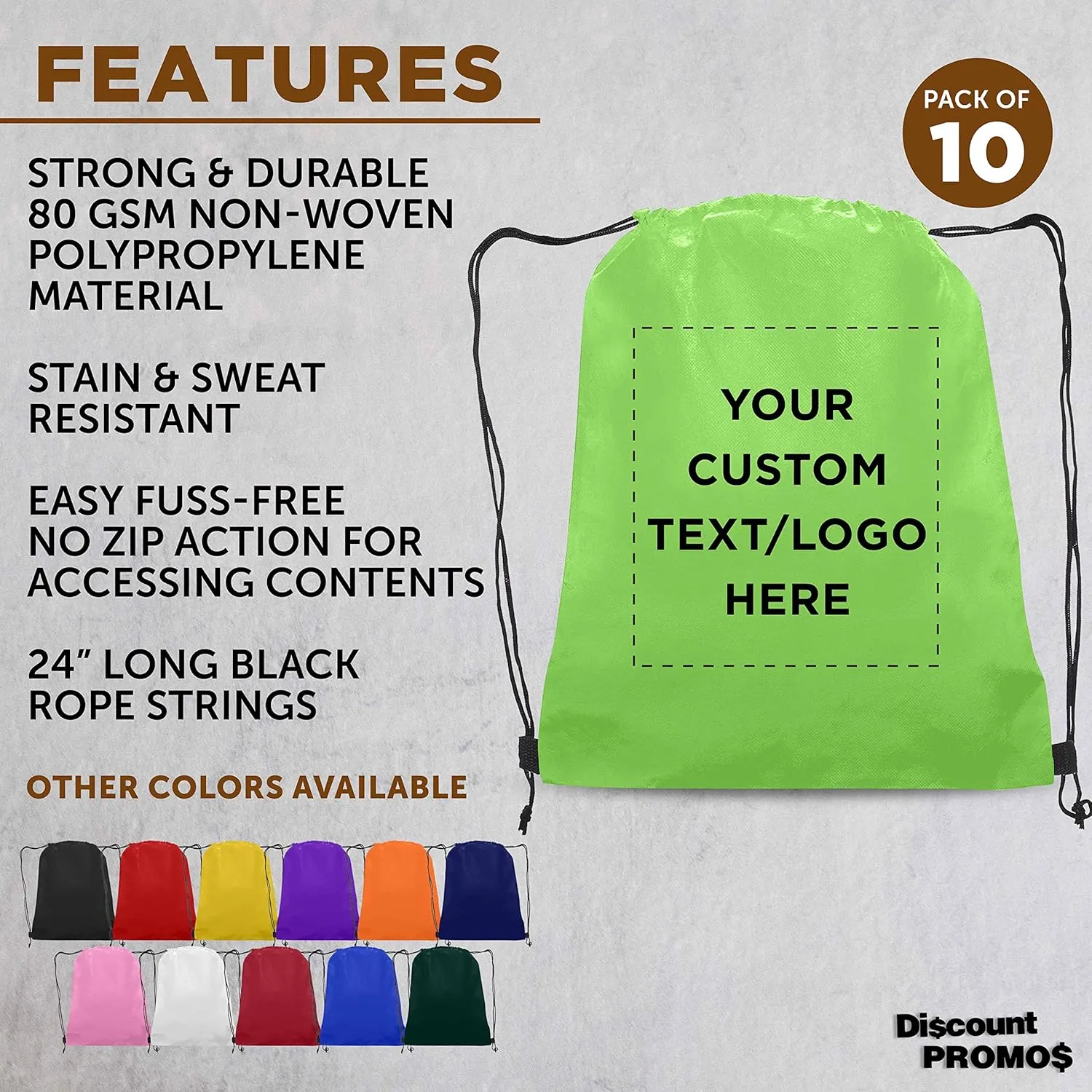 DISCOUNT PROMOS Custom Non-Woven Drawstring Backpacks Set of 10, Personalized Bulk Pack - Bring Everywhere You Go, Great for Travelling, Gym and for Everyday Use - Lime Green