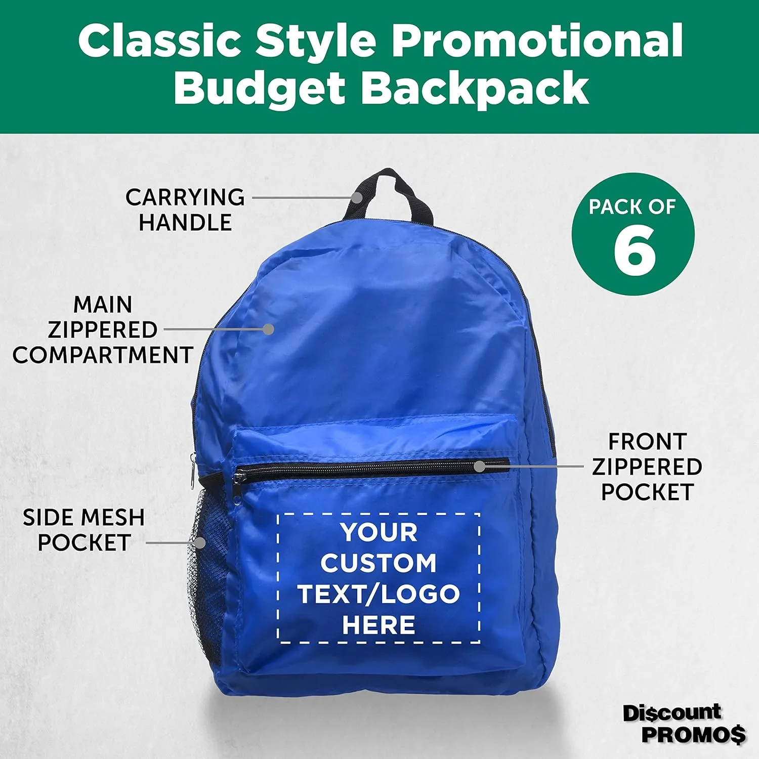 DISCOUNT PROMOS Custom Simple Functional Backpacks Set of 6, Personalized Bulk Pack - Water Resistant, Lightweight - Blue