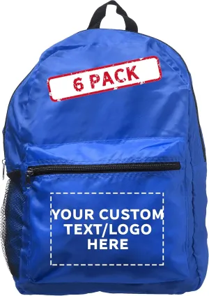 DISCOUNT PROMOS Custom Simple Functional Backpacks Set of 6, Personalized Bulk Pack - Water Resistant, Lightweight - Blue