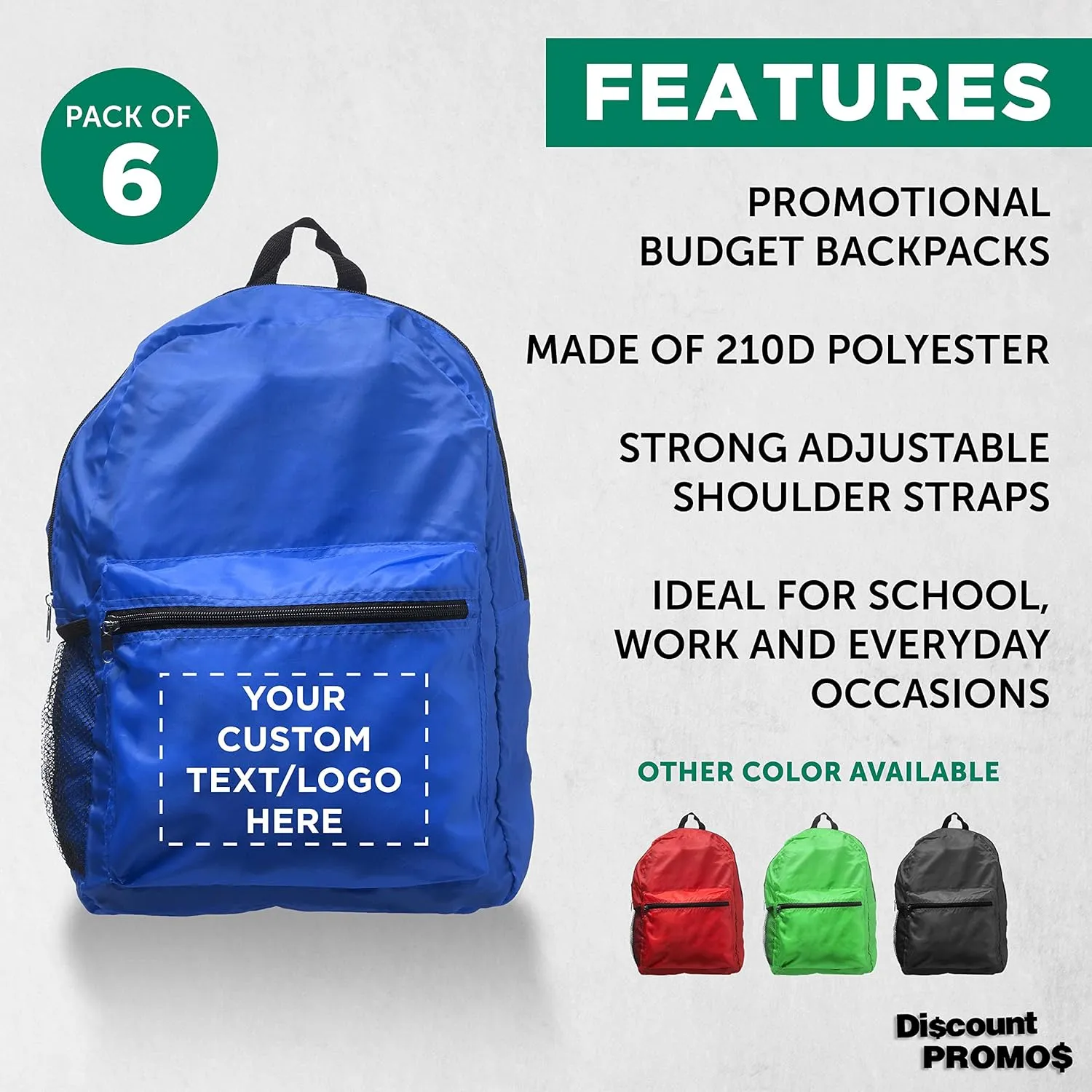 DISCOUNT PROMOS Custom Simple Functional Backpacks Set of 6, Personalized Bulk Pack - Water Resistant, Lightweight - Blue