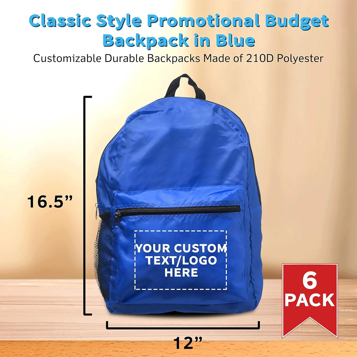 DISCOUNT PROMOS Custom Simple Functional Backpacks Set of 6, Personalized Bulk Pack - Water Resistant, Lightweight - Blue