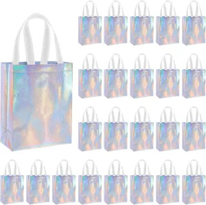 DIVINA VITAE 24Pcs Holographic Bags with Handle, 10.23 x 7.87 x 3.93 Inch Iridescent Gift Bags Non Woven Reusable Gift Bag Cute Party Gift Bags for Shopping Birthday Wedding Party Favors