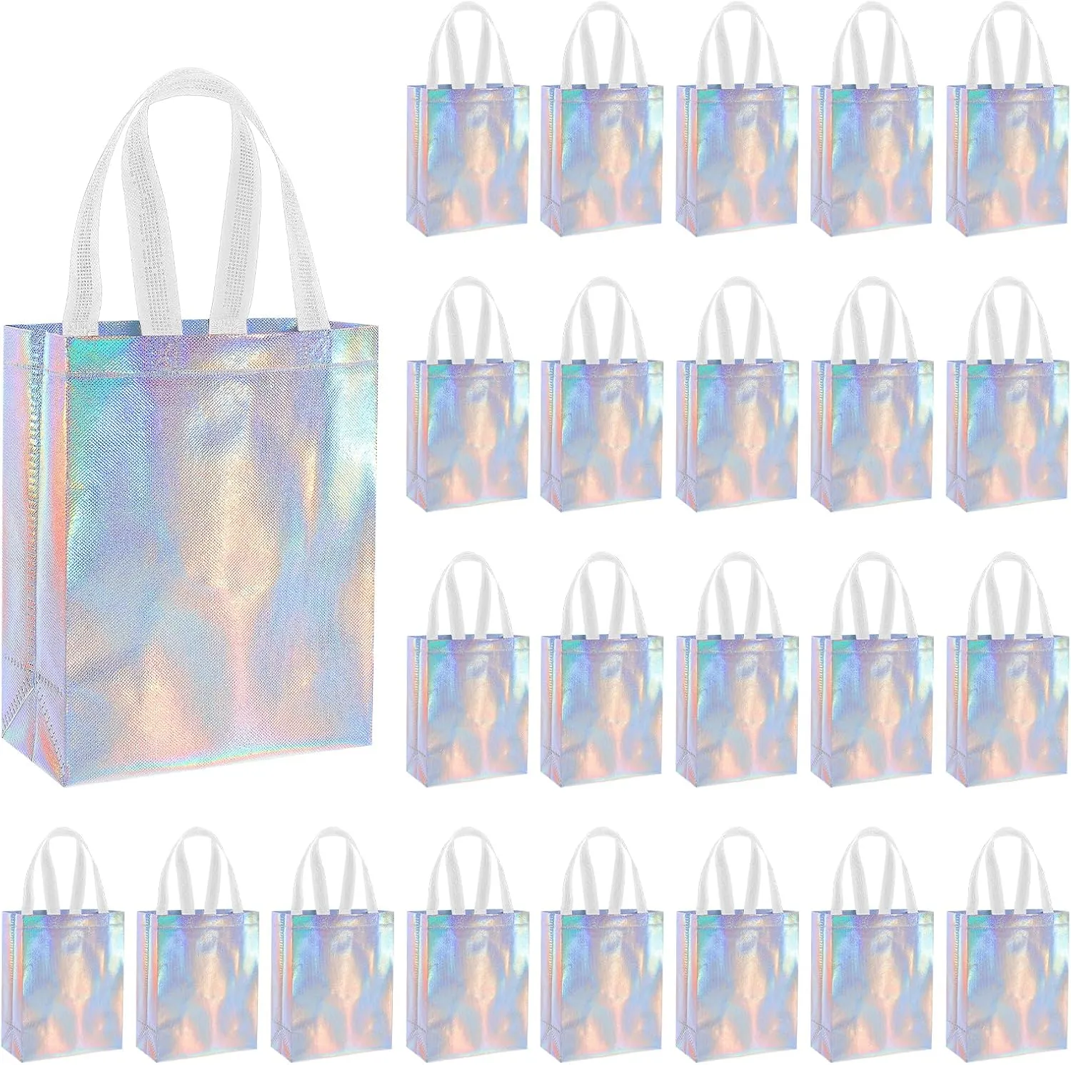 DIVINA VITAE 24Pcs Holographic Bags with Handle, 10.23 x 7.87 x 3.93 Inch Iridescent Gift Bags Non Woven Reusable Gift Bag Cute Party Gift Bags for Shopping Birthday Wedding Party Favors
