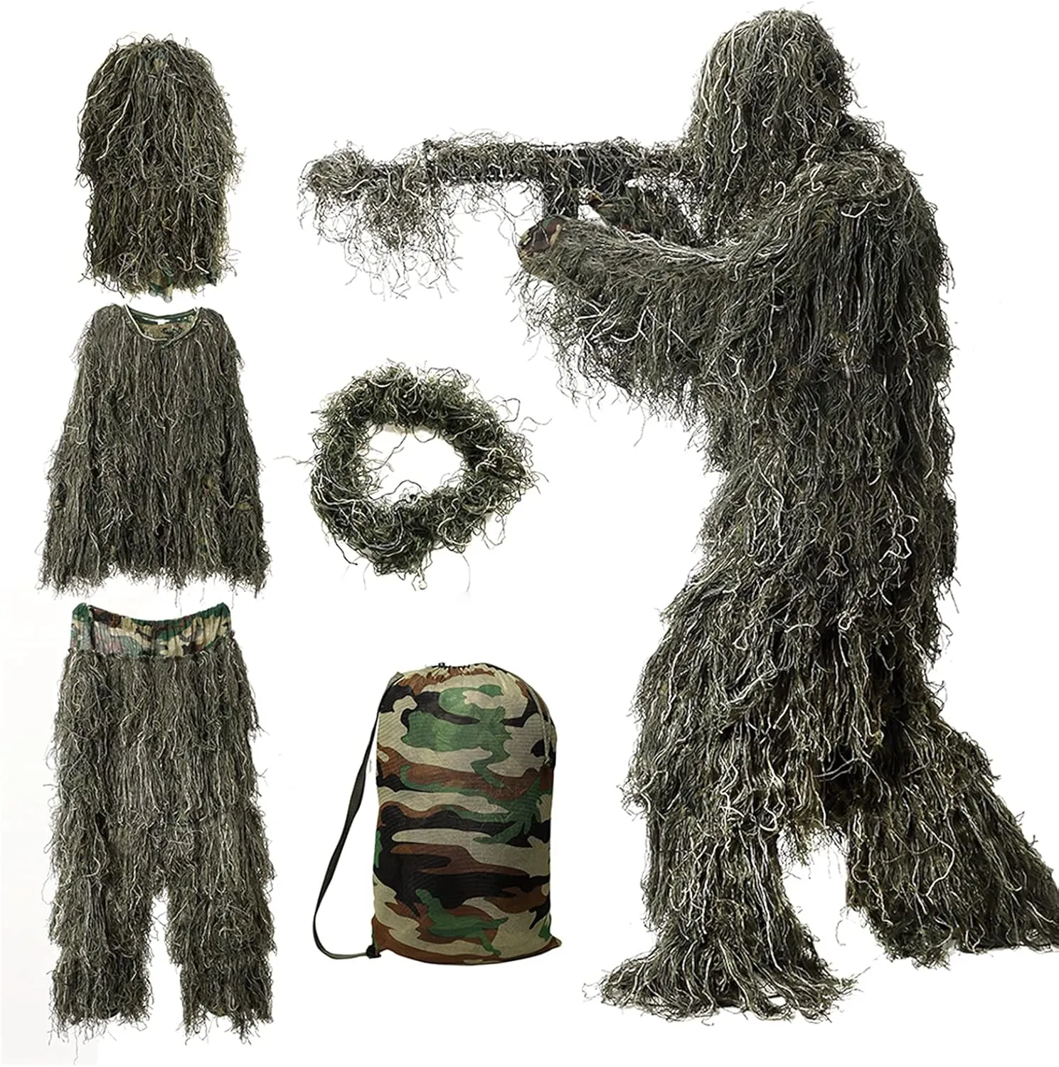 DoCred 5 in 1 Ghillie Suit, 3D Camouflage Hunting Apparel w/Jacket, Pants, Hood, Carry Bag for Adults/Youth, S/M/L/XL/XXL