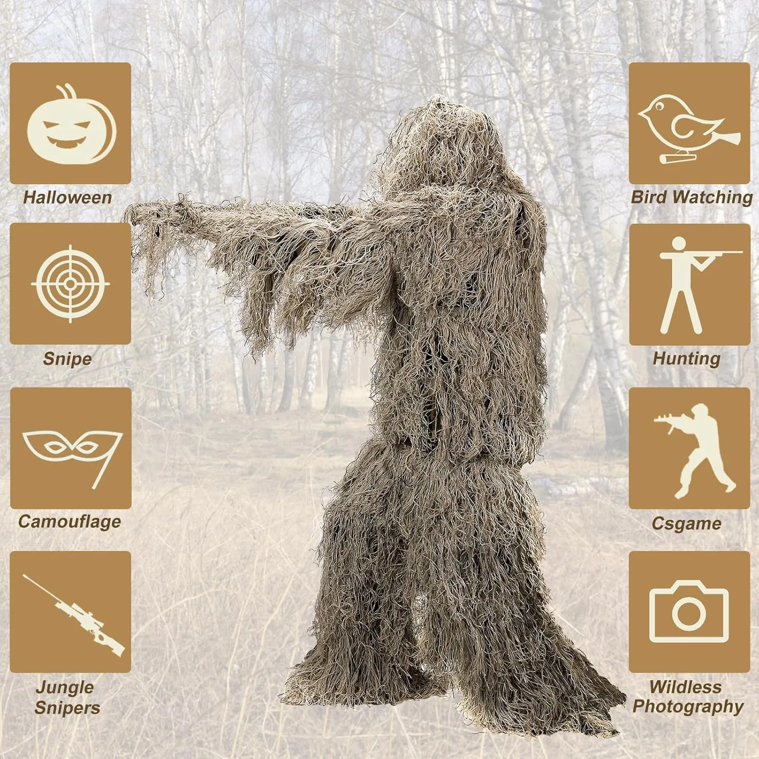 DoCred 5 in 1 Ghillie Suit, 3D Camouflage Hunting Apparel w/Jacket, Pants, Hood, Carry Bag for Adults/Youth, S/M/L/XL/XXL