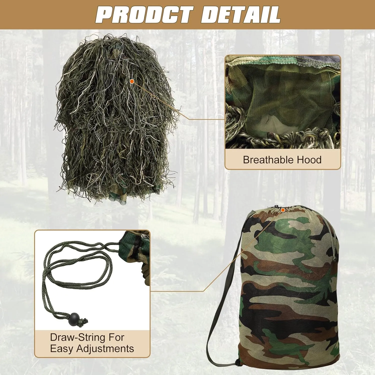 DoCred 5 in 1 Ghillie Suit, 3D Camouflage Hunting Apparel w/Jacket, Pants, Hood, Carry Bag for Adults/Youth, S/M/L/XL/XXL
