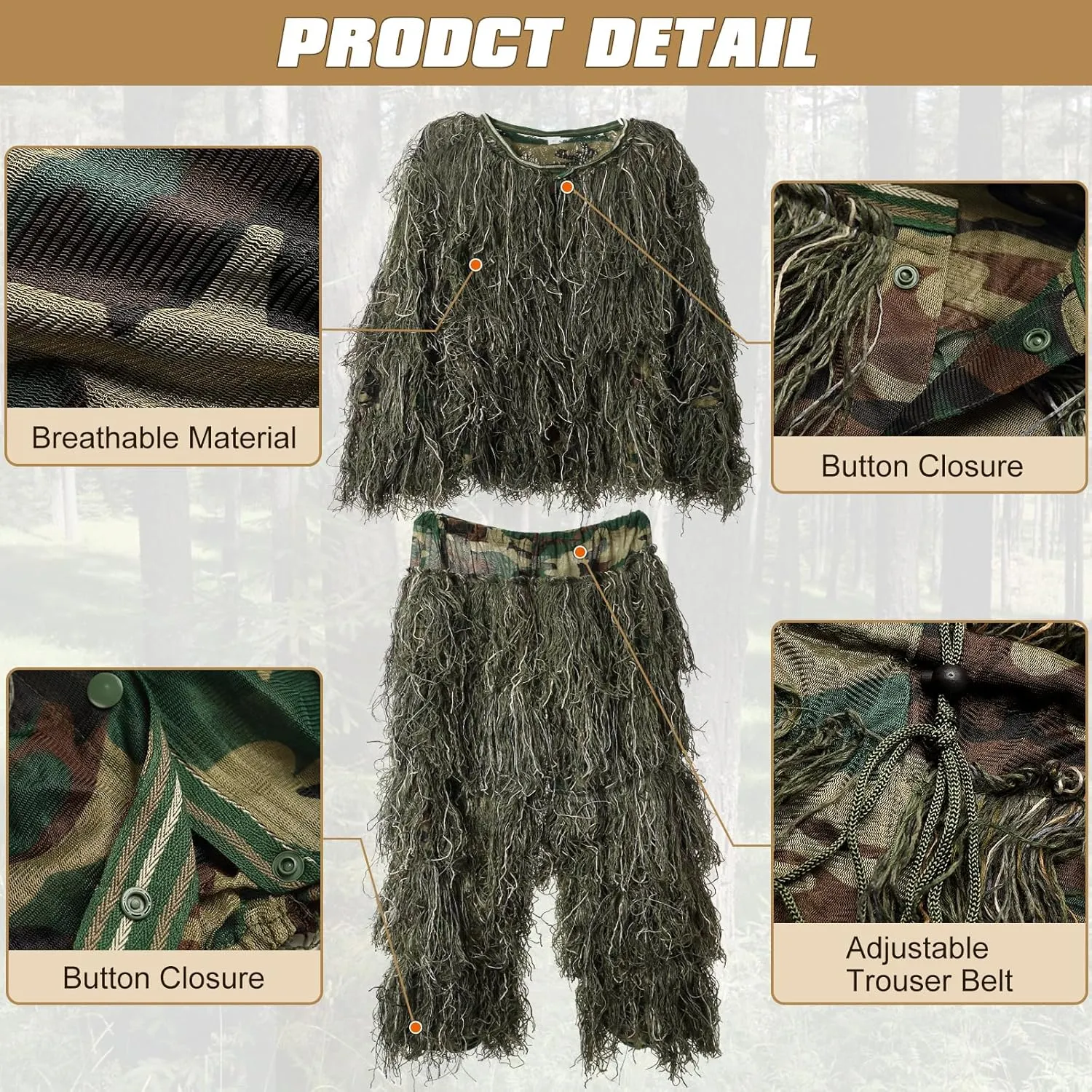 DoCred 5 in 1 Ghillie Suit, 3D Camouflage Hunting Apparel w/Jacket, Pants, Hood, Carry Bag for Adults/Youth, S/M/L/XL/XXL