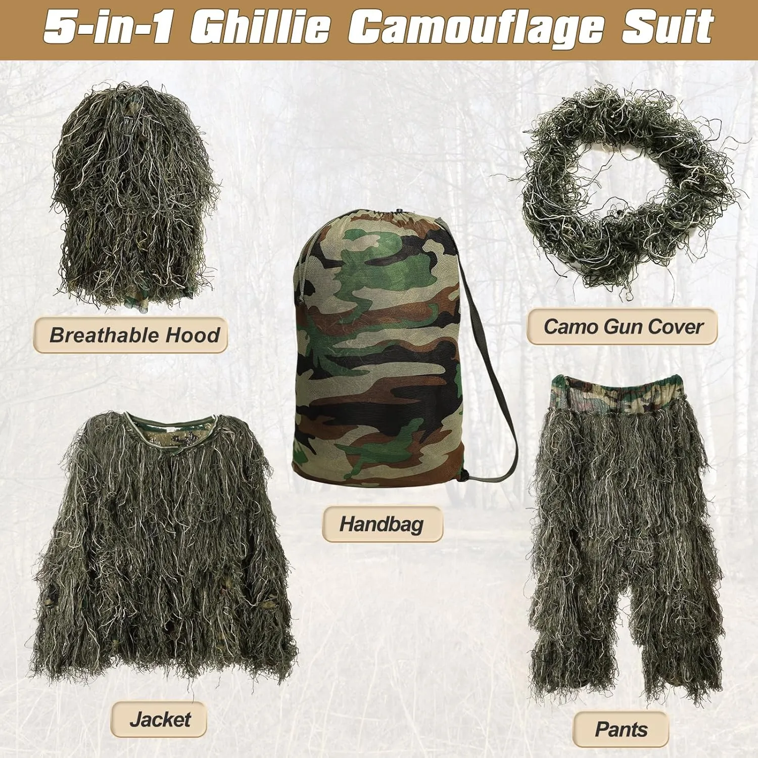 DoCred 5 in 1 Ghillie Suit, 3D Camouflage Hunting Apparel w/Jacket, Pants, Hood, Carry Bag for Adults/Youth, S/M/L/XL/XXL