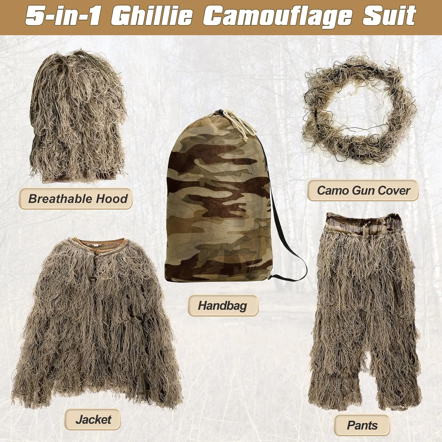 DoCred 5 in 1 Ghillie Suit, 3D Camouflage Hunting Apparel w/Jacket, Pants, Hood, Carry Bag for Adults/Youth, S/M/L/XL/XXL