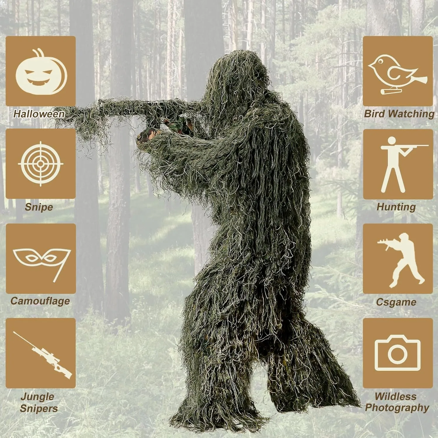 DoCred 5 in 1 Ghillie Suit, 3D Camouflage Hunting Apparel w/Jacket, Pants, Hood, Carry Bag for Adults/Youth, S/M/L/XL/XXL
