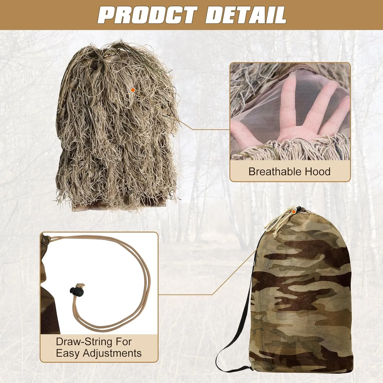 DoCred 5 in 1 Ghillie Suit, 3D Camouflage Hunting Apparel w/Jacket, Pants, Hood, Carry Bag for Adults/Youth, S/M/L/XL/XXL