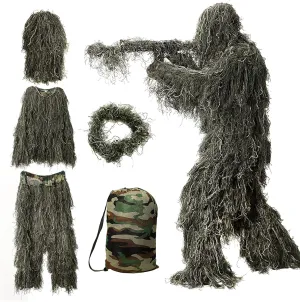 DoCred 5 in 1 Ghillie Suit, 3D Camouflage Hunting Apparel w/Jacket, Pants, Hood, Carry Bag for Adults/Youth, S/M/L/XL/XXL