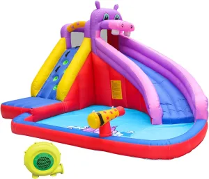 Doctor Dolphin Inflatable Water Slide, Long Water Slide for Kids Backyard with Climbing Wall, Kids Bounce House with Slide, Hippo Theme Water Park with Plash Pool for Outdoor