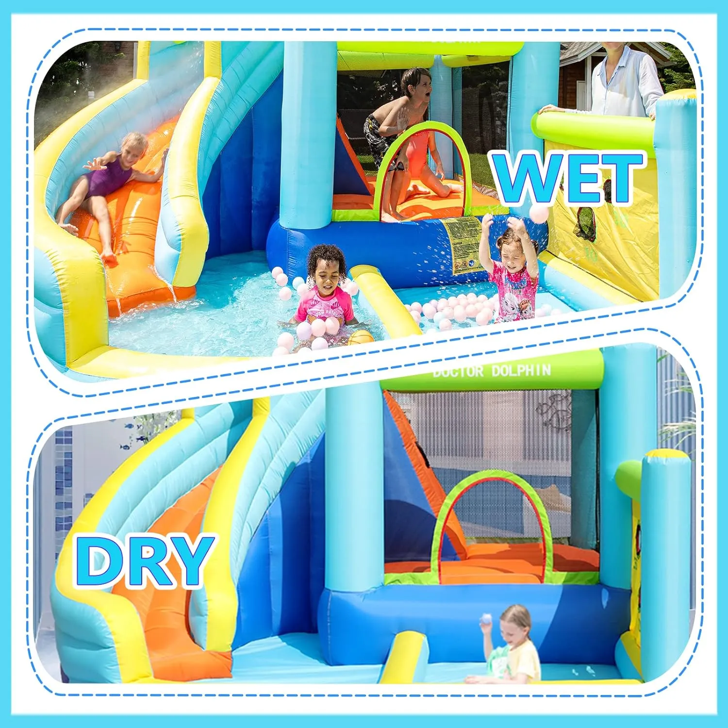 Doctor Dolphin Inflatable Water Slide, Water Bounce House for Kids, Waterslide Bounce House for Backyard, Blow Up Bouncy House for Outdoor Wet and Dry(450W Blower Included)