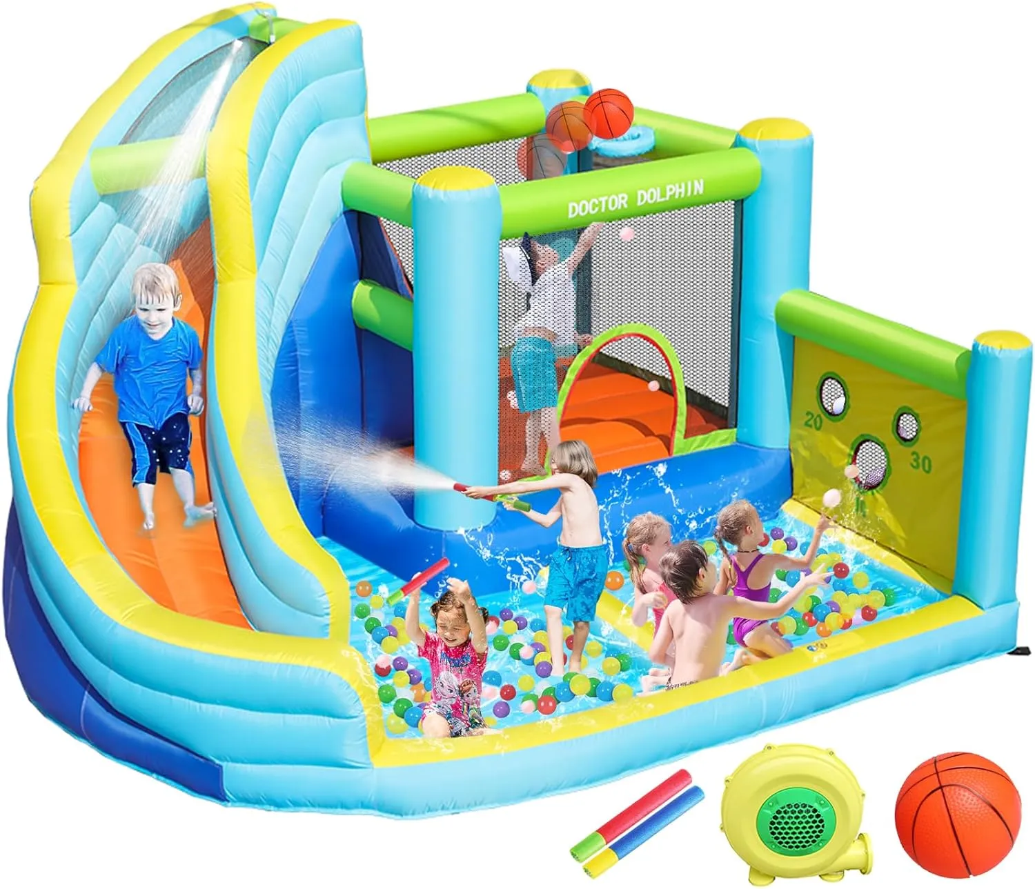 Doctor Dolphin Inflatable Water Slide, Water Bounce House for Kids, Waterslide Bounce House for Backyard, Blow Up Bouncy House for Outdoor Wet and Dry(450W Blower Included)