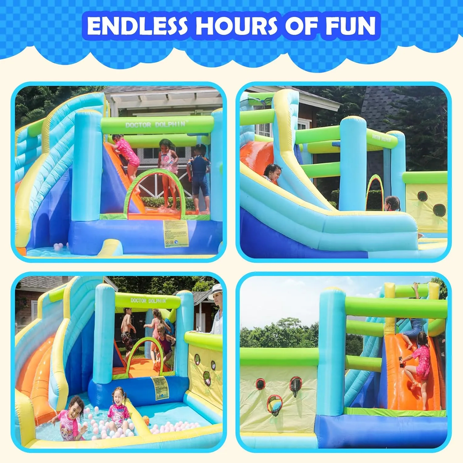Doctor Dolphin Inflatable Water Slide, Water Bounce House for Kids, Waterslide Bounce House for Backyard, Blow Up Bouncy House for Outdoor Wet and Dry(450W Blower Included)